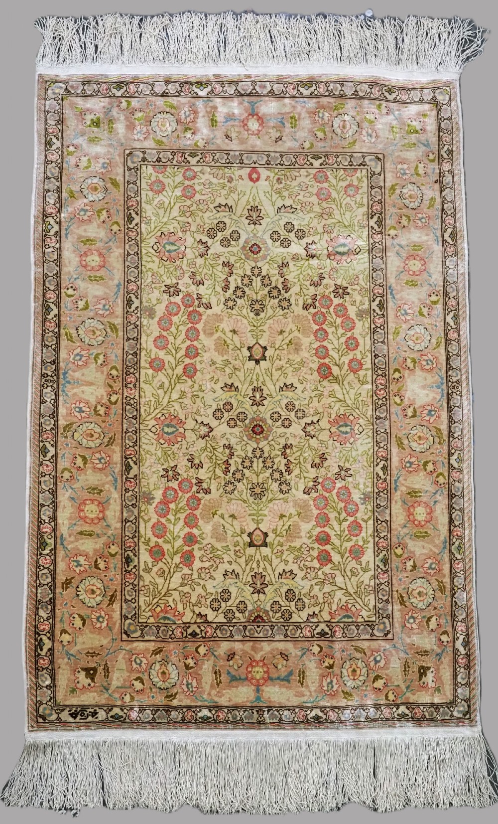 vintage turkish signed hereke silk rug pastel floral design about 50 years old