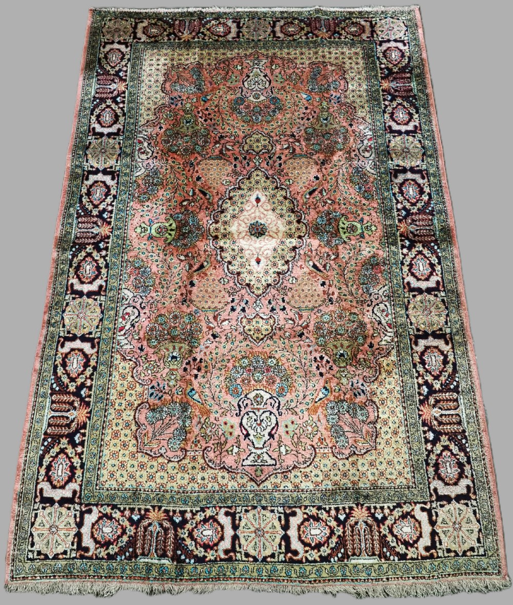 vintage persian qum silk rug soft pastel colours about 50 years old