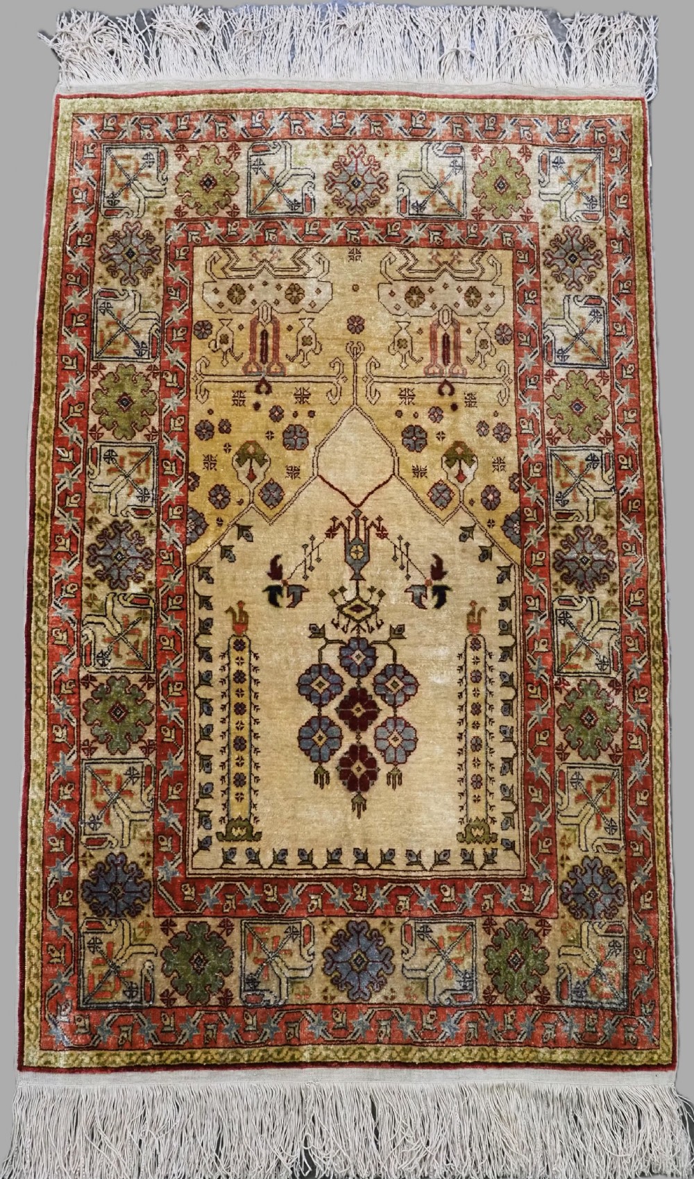 vintage turkish kayseri silk rug of traditional prayer design about 50 years old