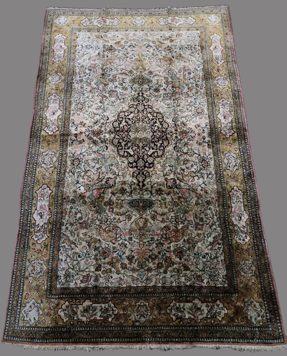 vintage persian qum silk rug with small medallion design about 50 years old