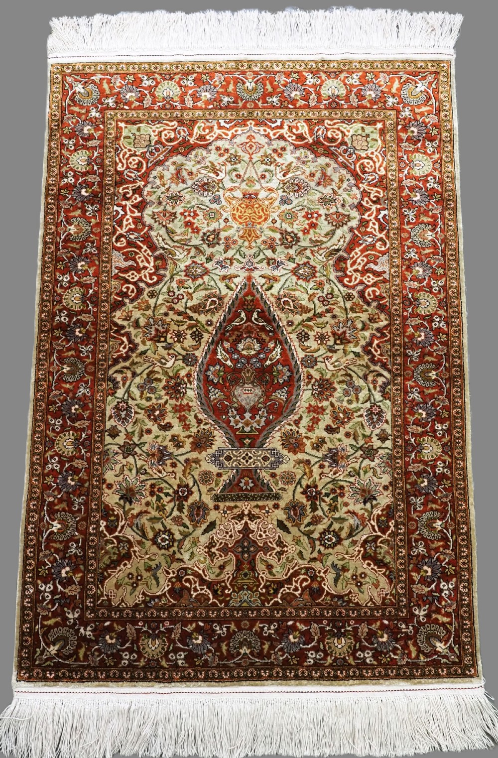 vintage turkish silk prayer rug of traditional design about 40 years old