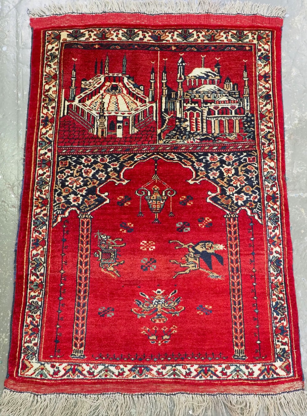 antique afghan kizil ayak mosque prayer rug with horse and lion circa 1920