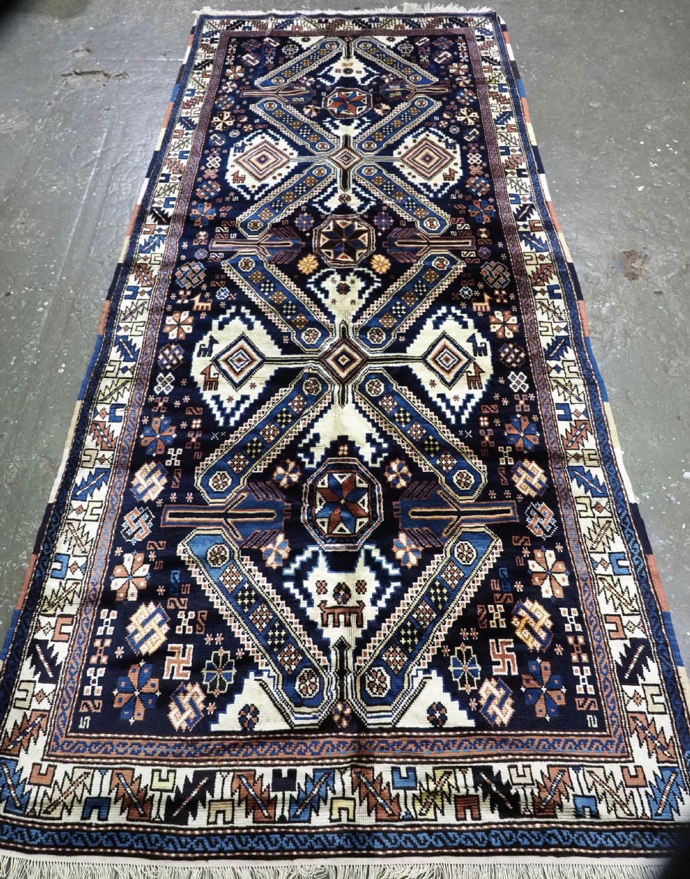vintage turkish kazak long rug kelleh seichur design about 40 years old