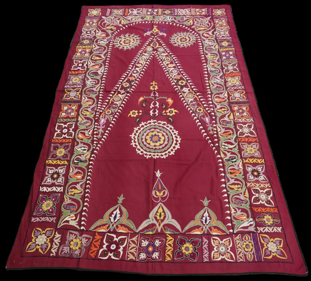 antique uzbek suzani silk on red cotton excellent condition circa 190020