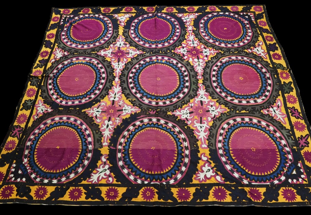 antique uzbek samarkand 'bolim posh' suzani superb colour and condition circa 1890