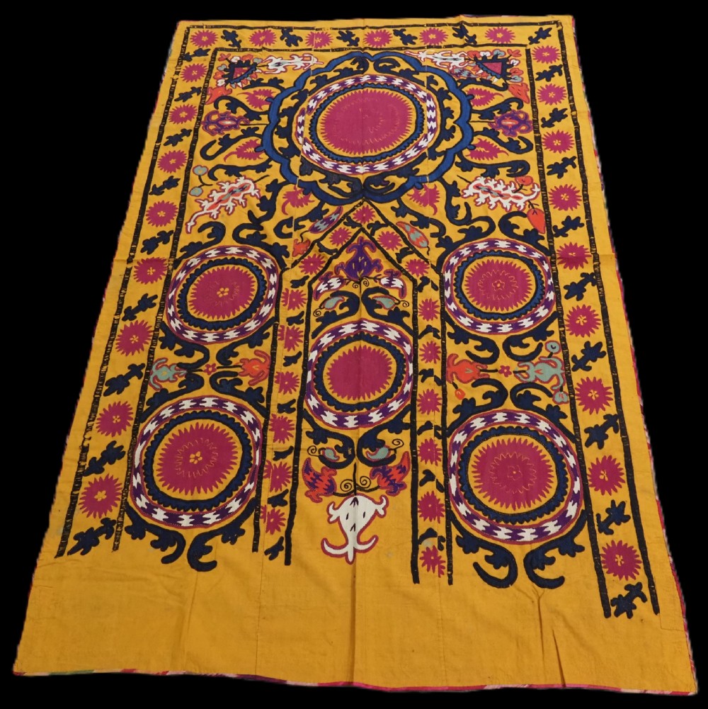 antique uzbek prayer suzani silk on yellow cotton ground circa 1900