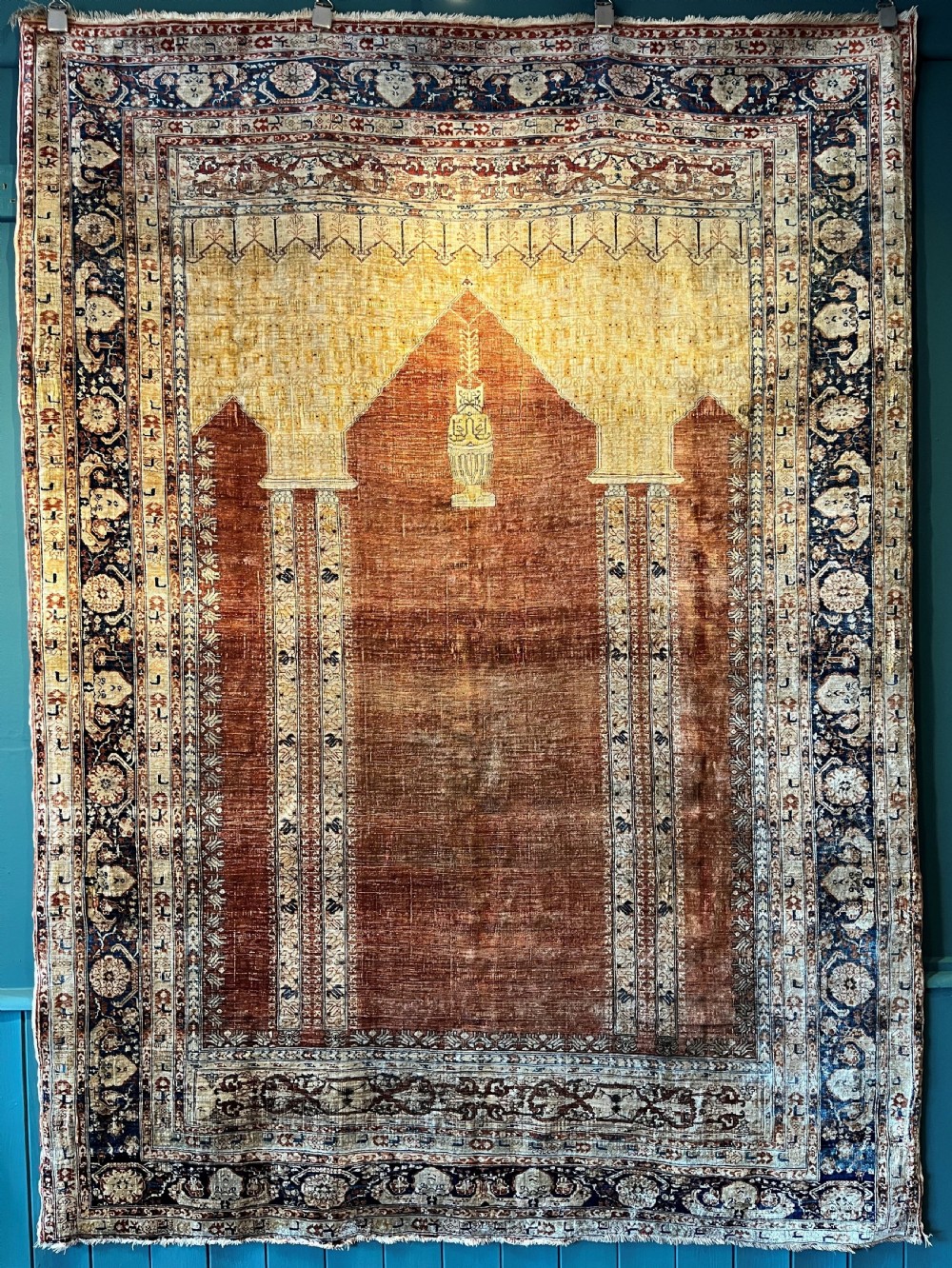 antique persian silk heriz or tabriz prayer rug with double column design circa 1890
