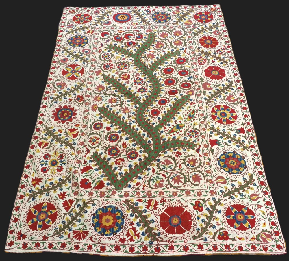 vintage uzbek samarkand suzani silk on ivory cotton ground mid 20th century