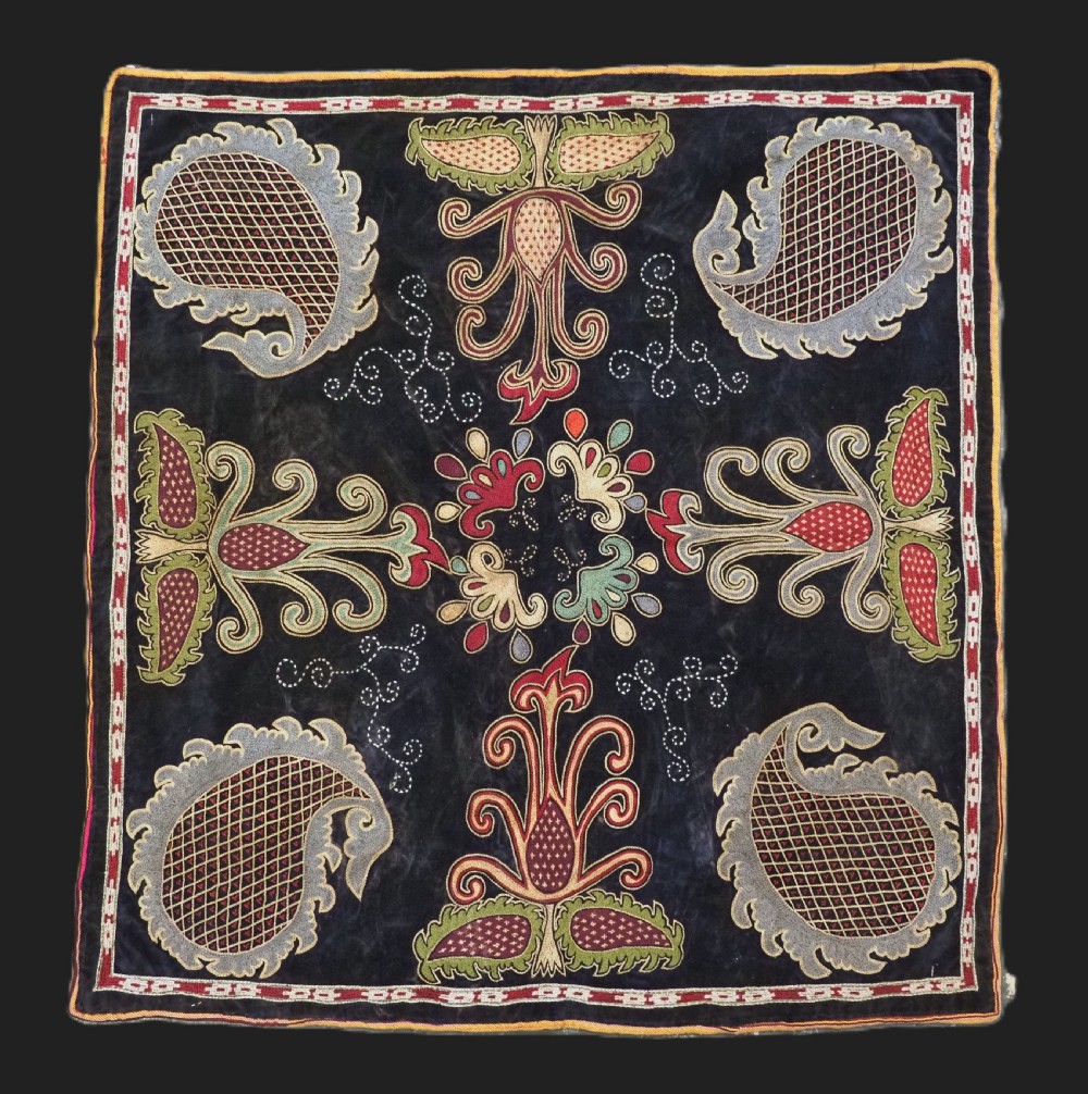 antique uzbek ceremonial table cover silk twist on blue velvet late 19th century