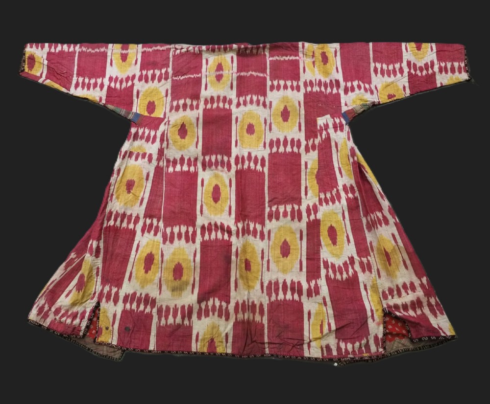 antique uzbek 'becasab' silk ikat gentlemans coat 'khalat' bukhara region circa 1880