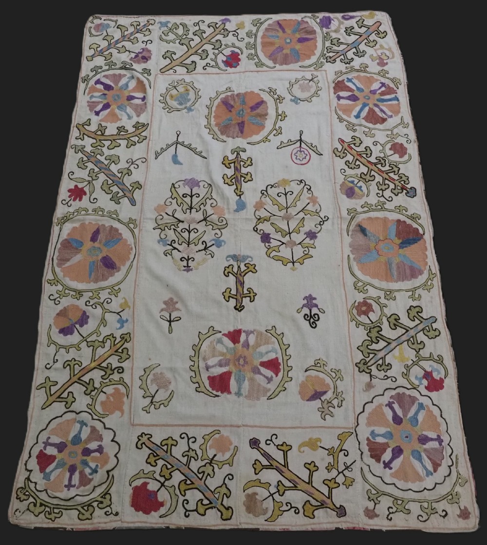 antique uzbek suzani bukhara region silk tambour work on linen circa 1920