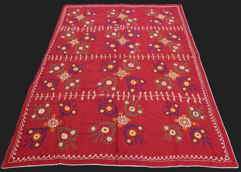 antique uzbek suzani probably tajik silk on red cotton ground circa 1900