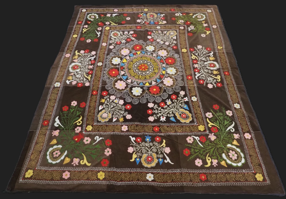 vintage uzbek tajik suzani pardah silk embroidered on russian corduroy circa 1960