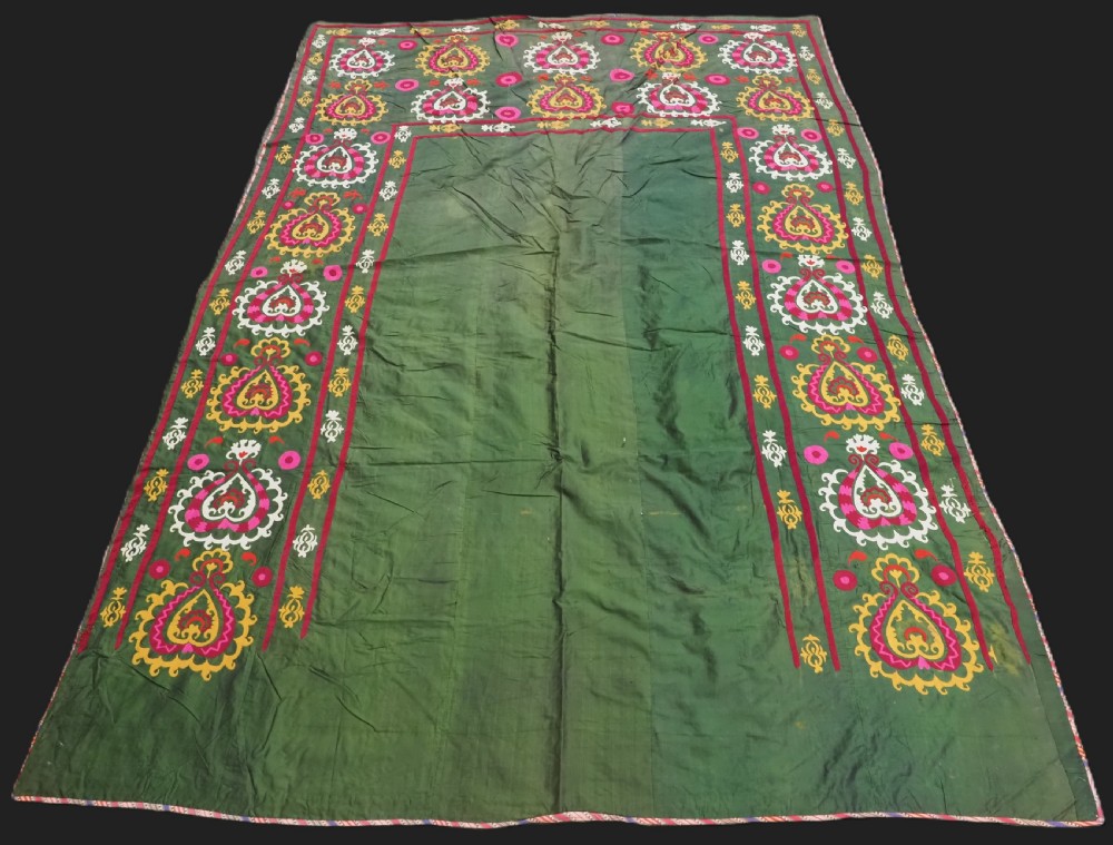 antique uzbek tajik 'ruijo' bed cover suzani silk on silk circa 190020