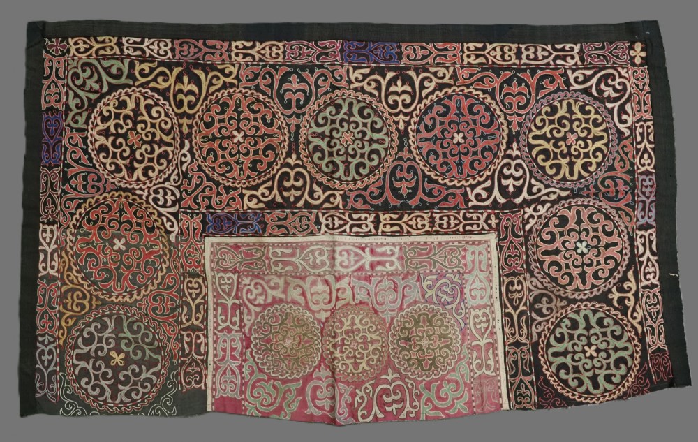 antique kyrgyz 'tush kyiz' embroidered yurt wall hanging circa 190020