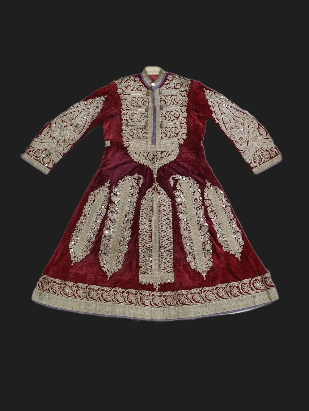 antique uzbek red velvet dress with silver metal thread brocade work circa 1890