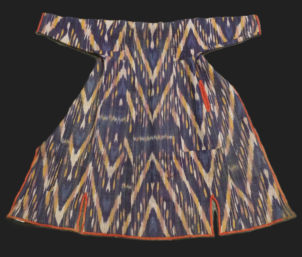 antique uzbek silk ikat 'chapan' coat quilted padded for winter use circa 1880