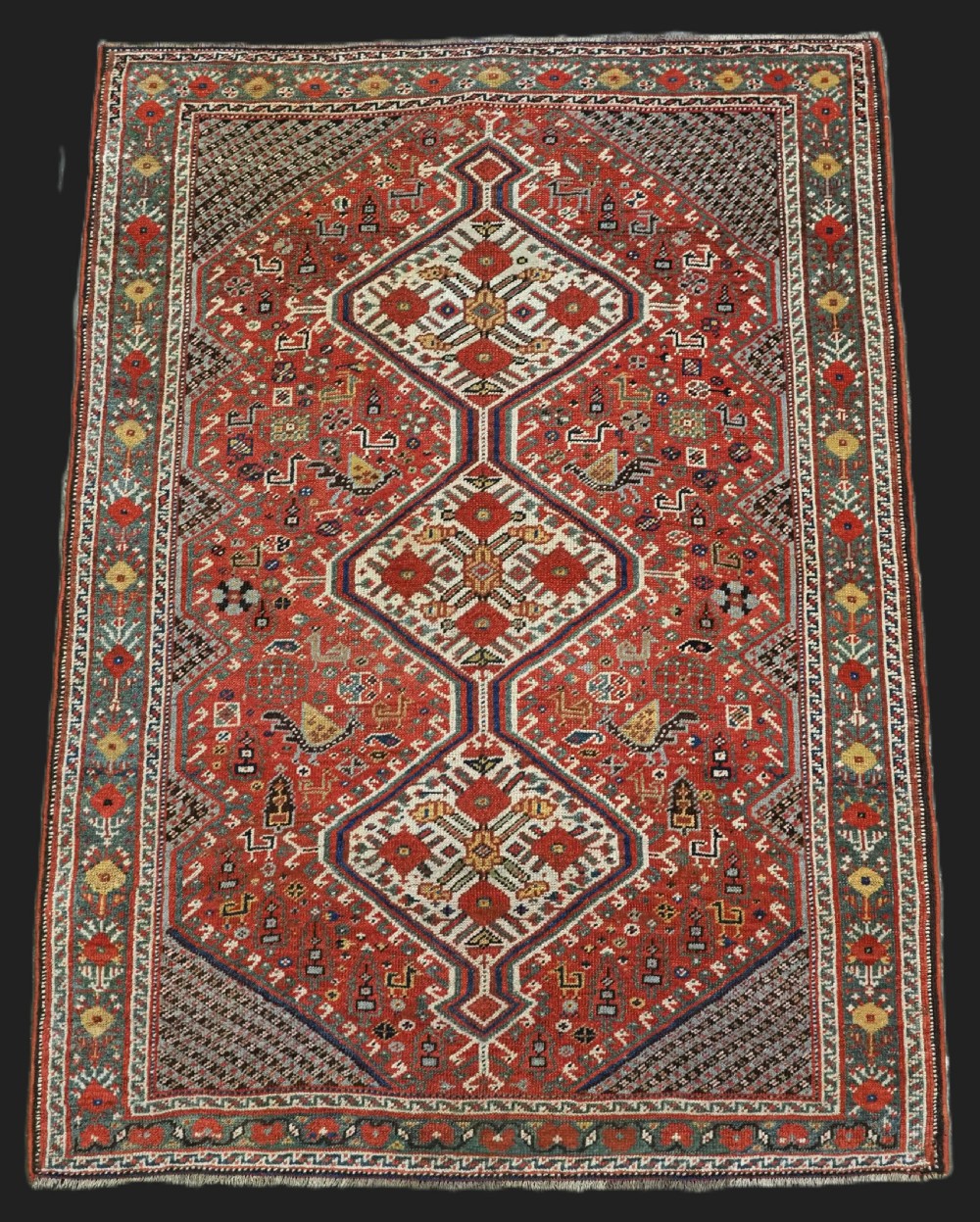 antique tribal khamseh rug with pomegranate design very sweet small rug circa 1900