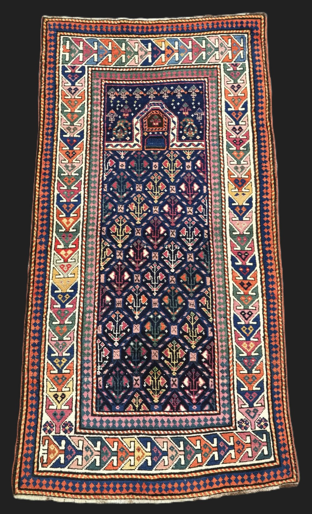 antique caucasian gendje kazak prayer rug with scarce blue ground circa 1890