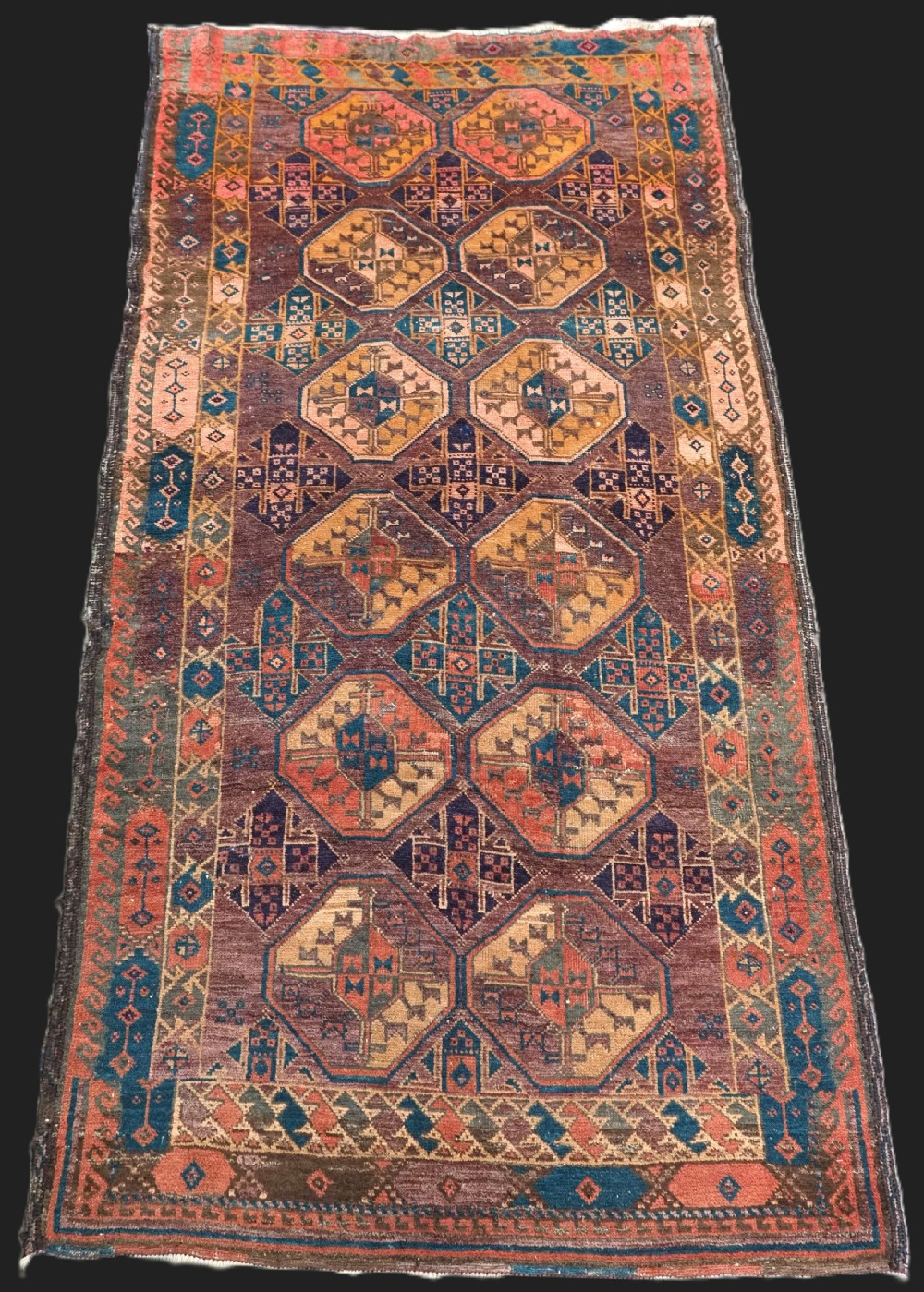 antique central asian karakalpak tribal rug large gul design circa 1900