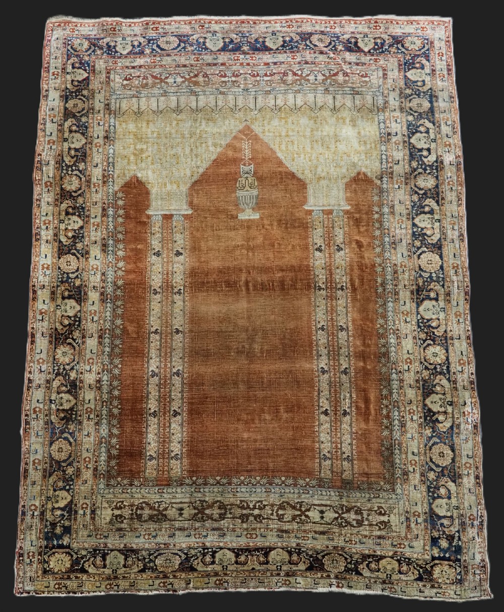 antique persian silk tabriz prayer rug with double column design circa 1890
