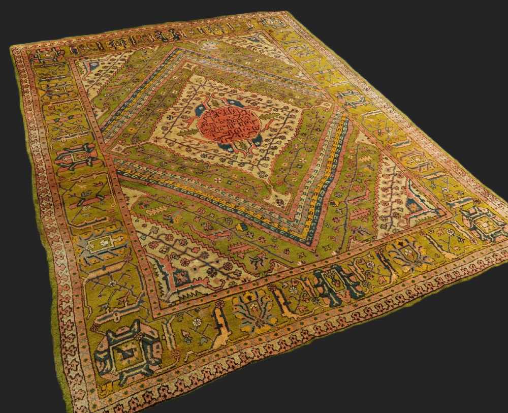 antique turkish oushak carpet of scarce design with rare green field circa 1890