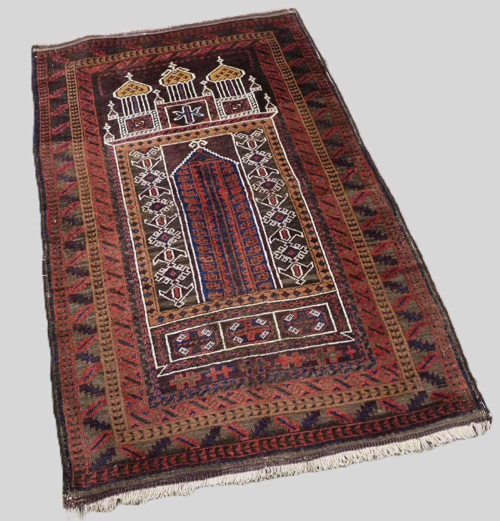 antique afghan sistan baluch 'seh' mihrab prayer rug circa 1900