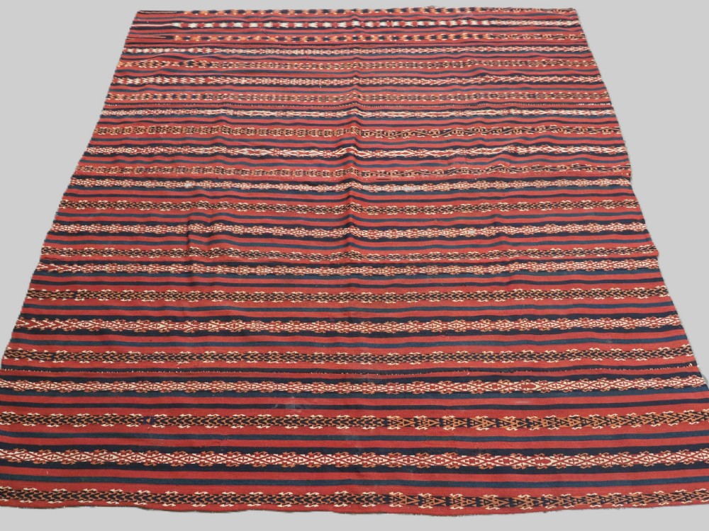 antique uzbek gajeri kilim with fine banded design circa 190020