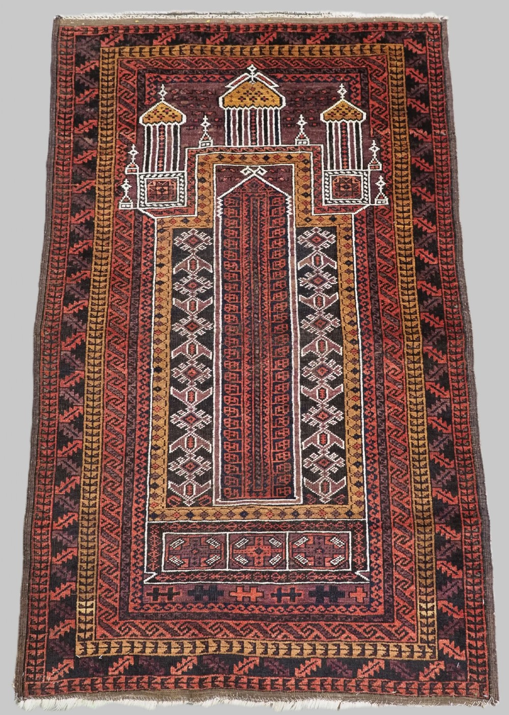 antique afghan taimani baluch 'seh' mihrab prayer rug circa 1900