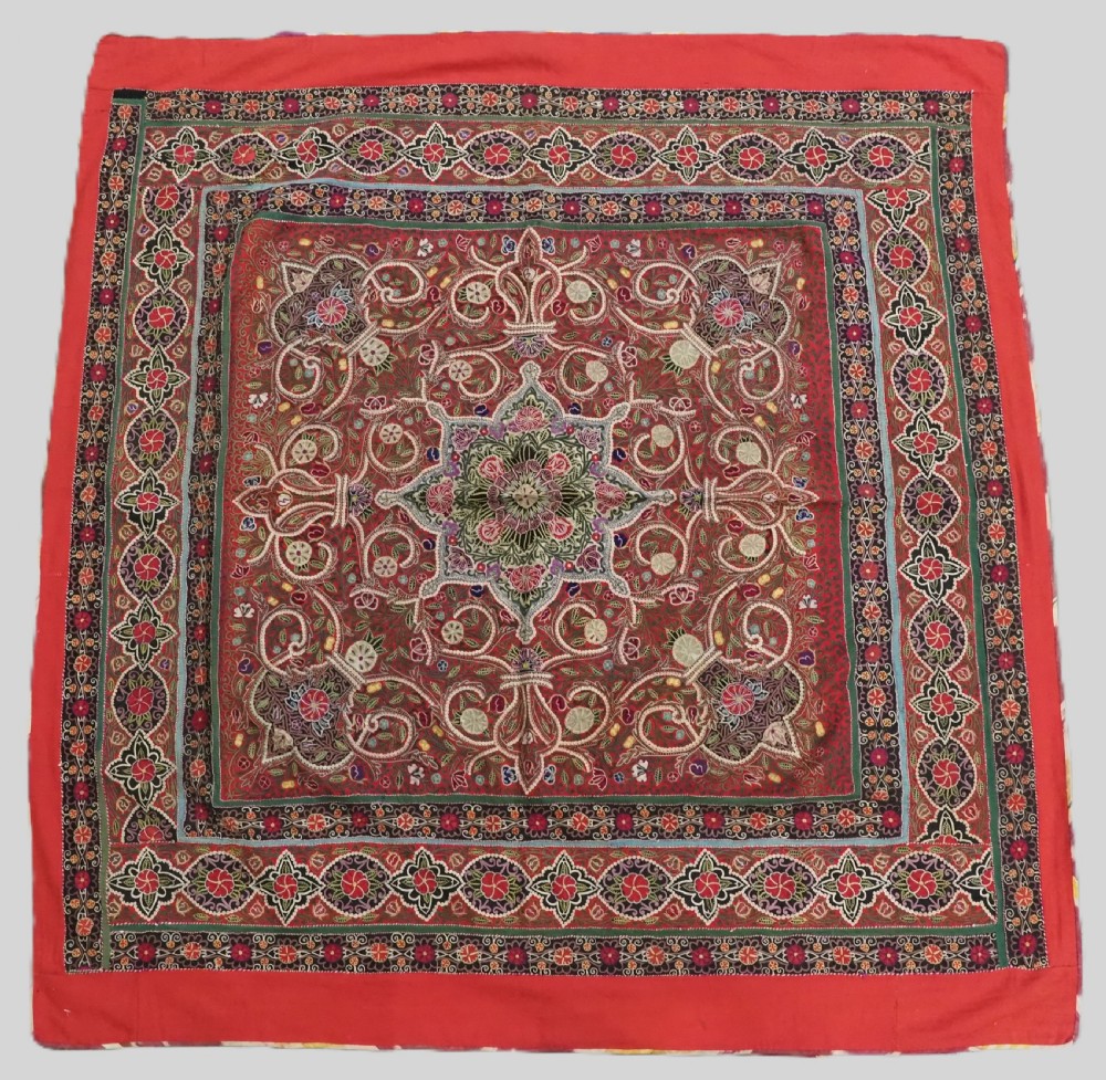 antique persian rasht embroidery with star medallion silk on red felt circa 1900