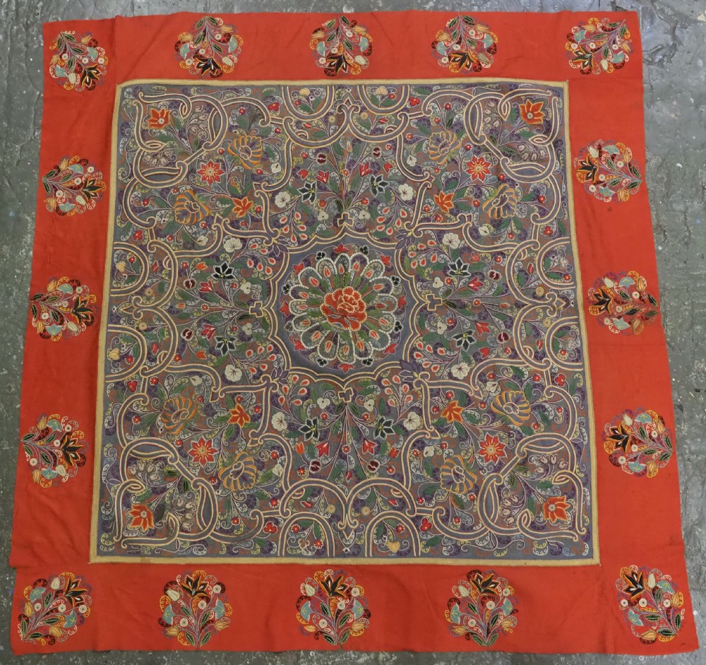 antique persian rasht embroidery with small floral medallion silk on felt circa 1900