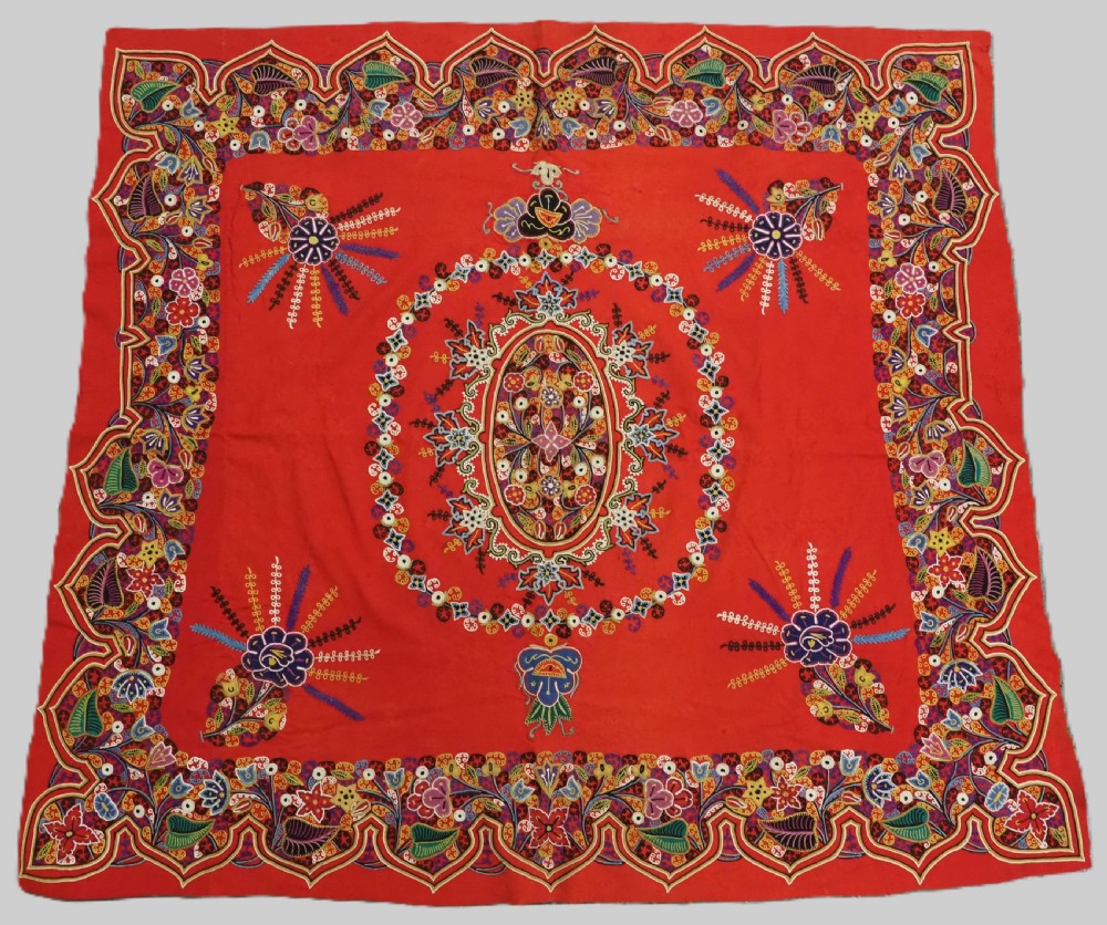 vintage persian rasht embroidery silk on a red felt ground circa 1930