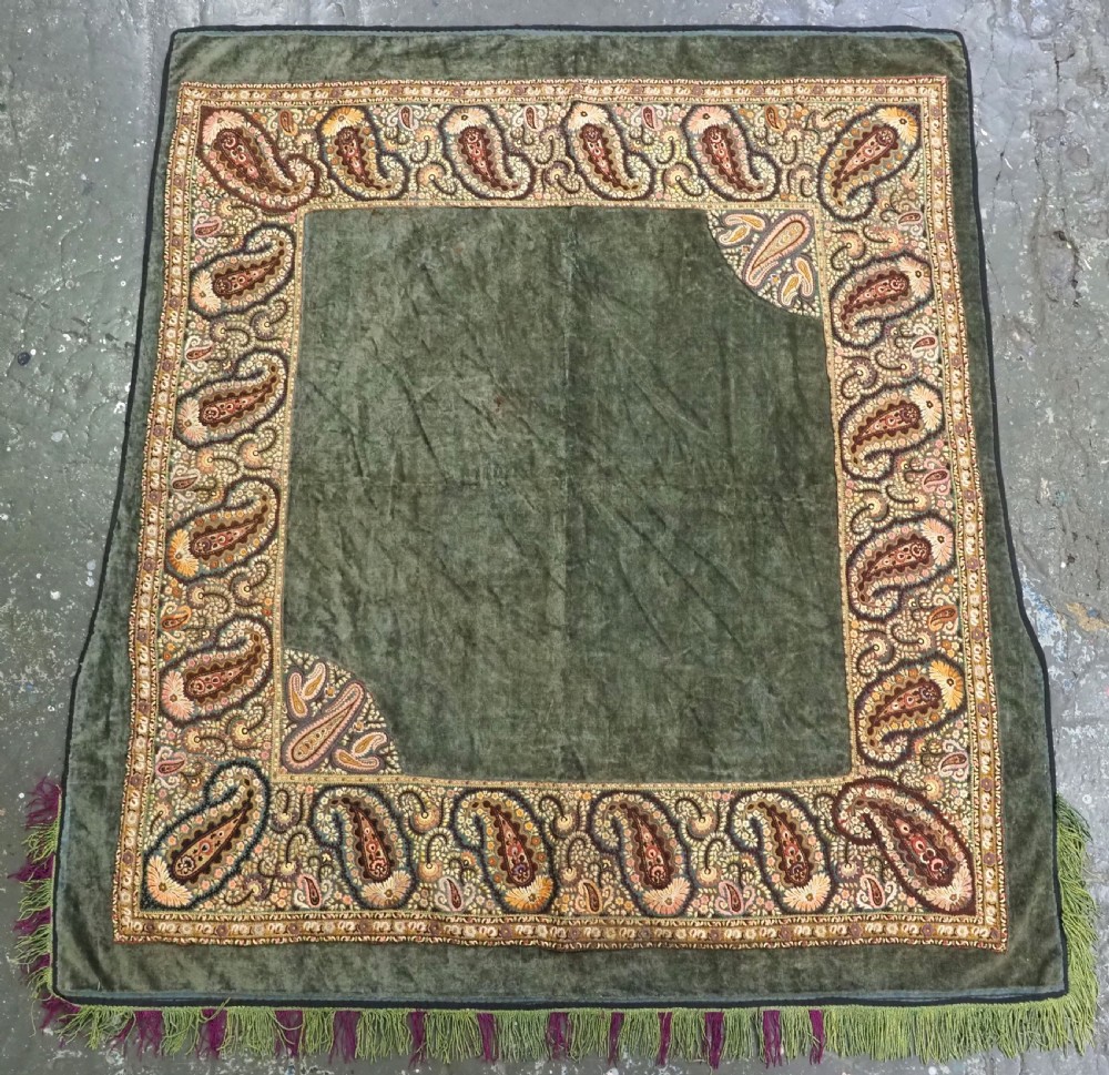 antique indian delhi silk embroidery on green velvet ground circa 1900