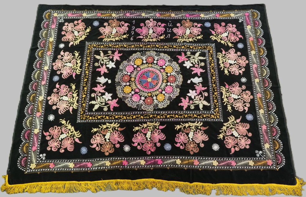 vintage uzbek tajik roijo suzani silk on black velvet dated 1976 50 years old