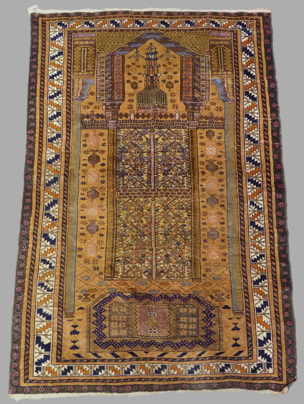 vintage afghan taimani sistan baluch prayer rug mixed technique camel wool circa 1930