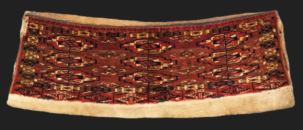 antique tekke turkmen 9 gul torba of small size complete with original back circa 1870