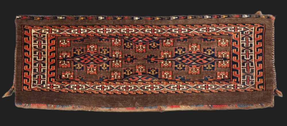 antique yomut turkmen torba with kepse gul design complete with back circa 1900