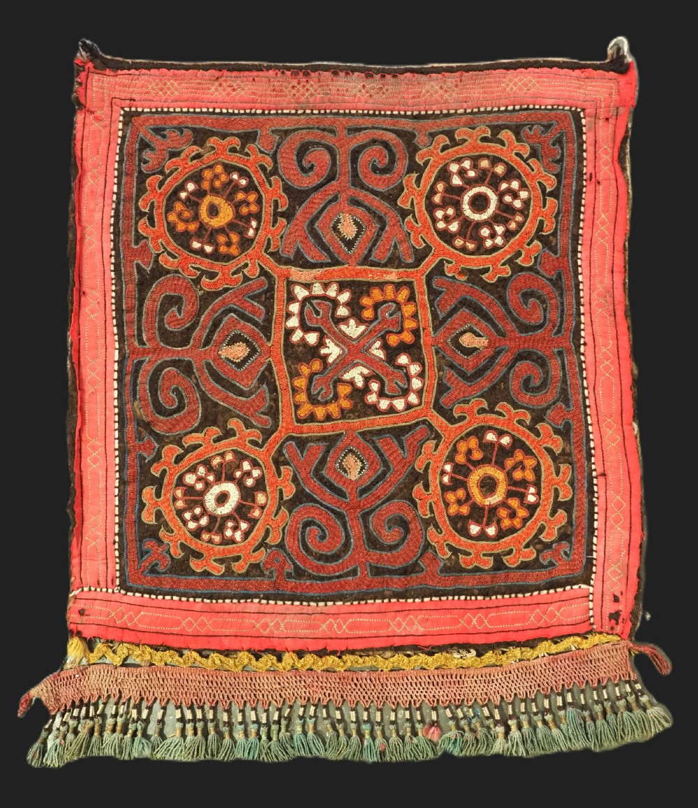 antique kirghiz embroidered felt panel with applied fringe circa 1900