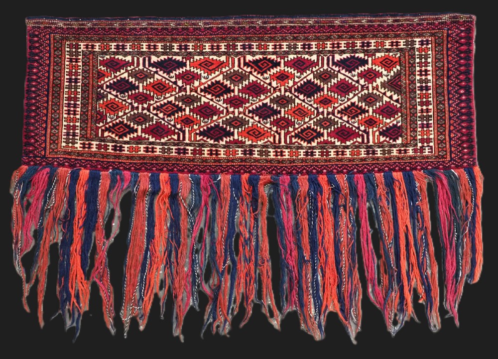 antique tekke turkmen torba face with curled leaf design very fine weave circa 1880