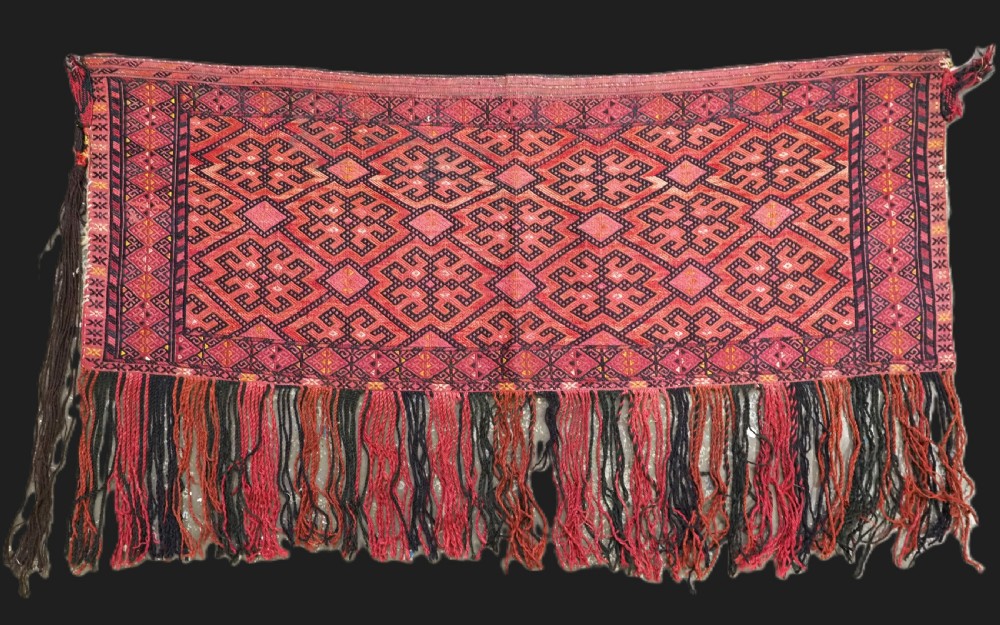antique ersari turkmen torba with embroidered face with silk highlights circa 1900