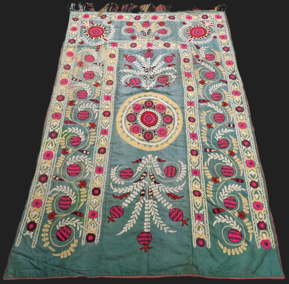 antique uzbek tajik 'ruijo' bed cover suzani silk on silk circa 190020