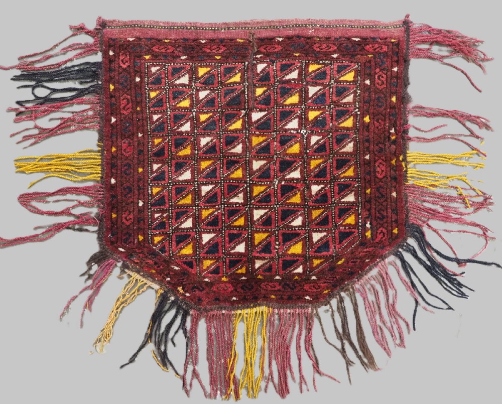 antique ersari turkmen saddle cover rug with original tassels circa 1900