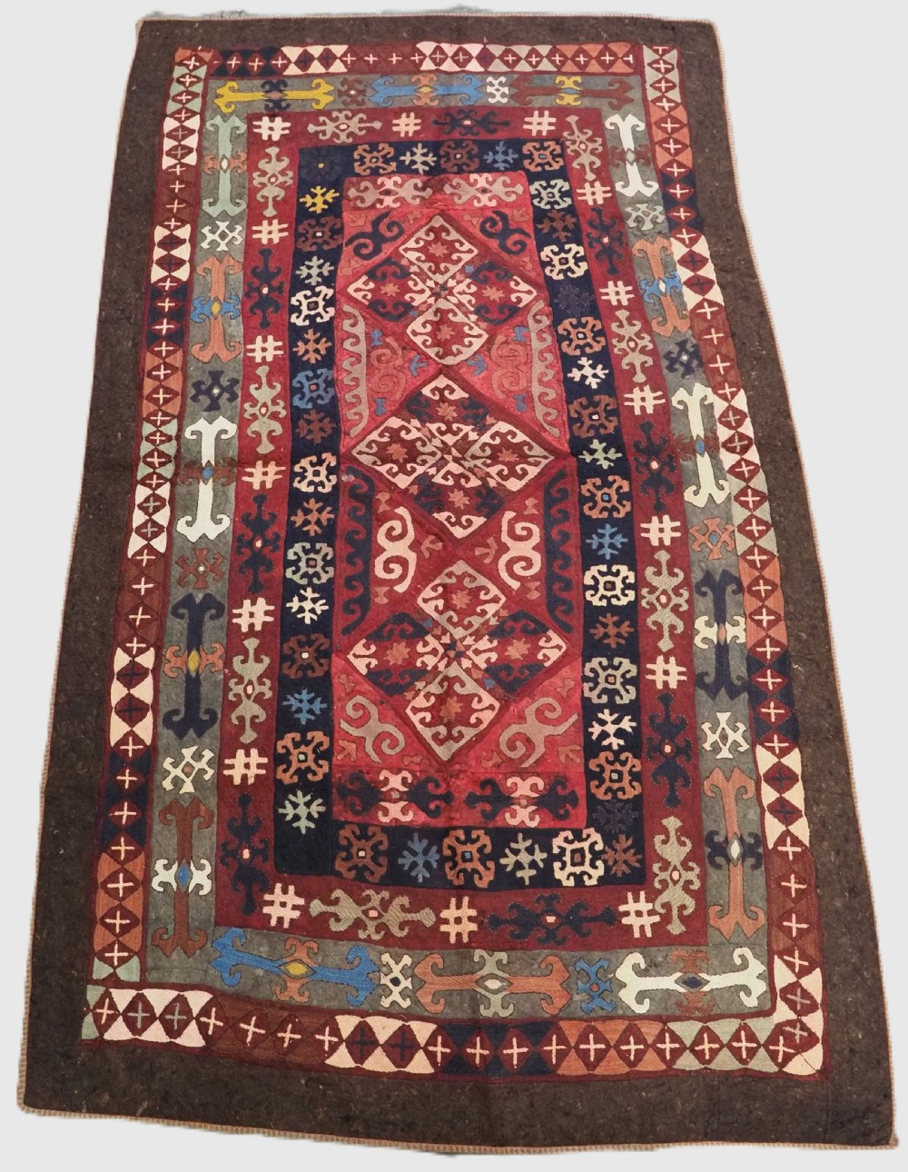 antique central asian embroidered felt rug uzbek lakai tribal rug circa 1900