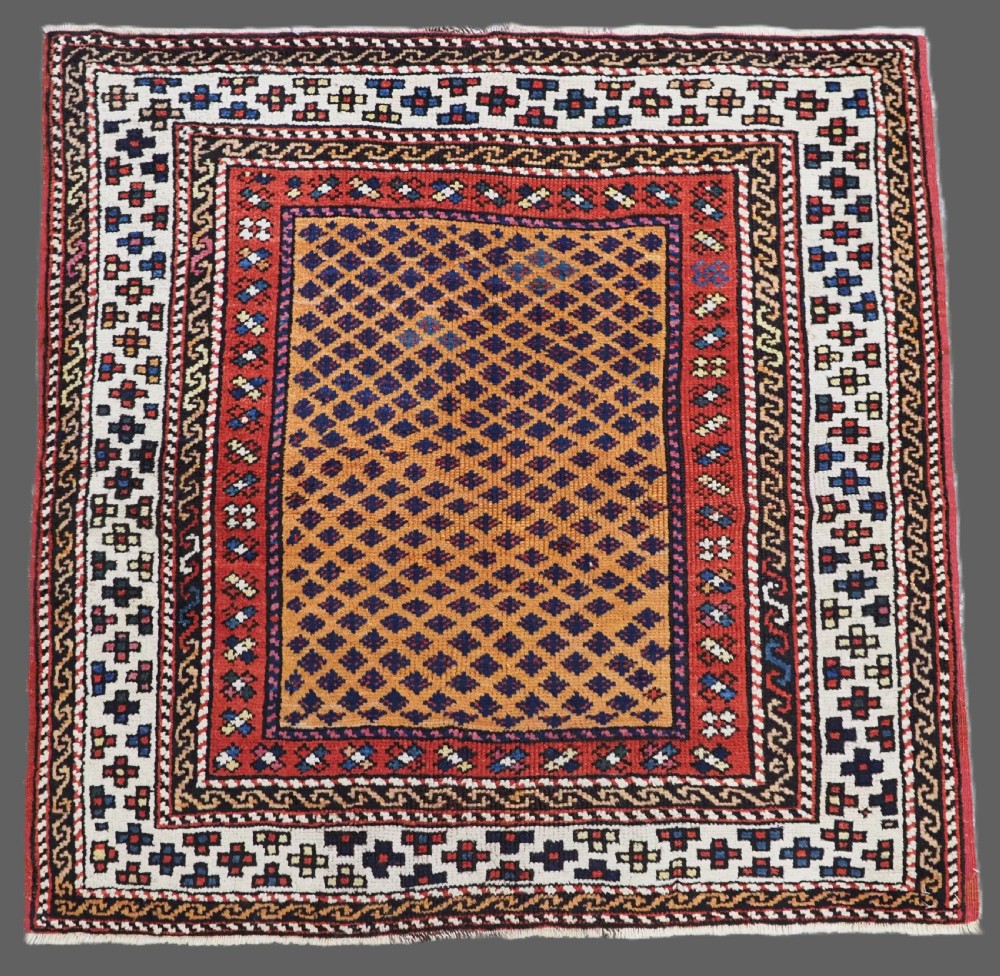 antique turkish bergama rug small square size lattice design circa 1900